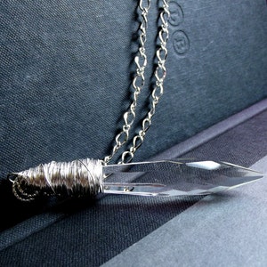 Crystal Point Necklace: Chandelier Crystal Dagger Necklace, Long Hammered Fine Silver Chain Glass Spear Icicle Necklace, Layering Jewelry image 5