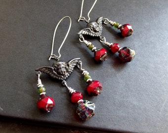 Gothic Cherub Earrings:  Goth Red Chandelier Earrings, Antiqued Black Angel, Wings Earrings, Victorian Style Vamp Jewelry