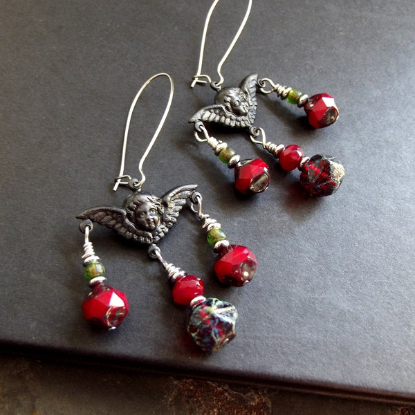 Gothic Cherub Earrings:  Goth Red Chandelier Earrings, Antiqued Black Angel, Wings Earrings, Victorian Style Vamp Jewelry