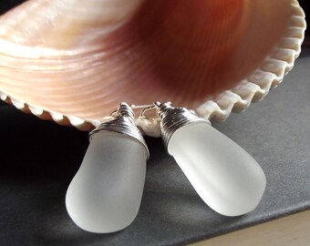 White Sea Glass Earrings:  Fine Silver Wire Wrapped Beach Wedding Jewelry, Large Frosted Glass Pebble Earrings