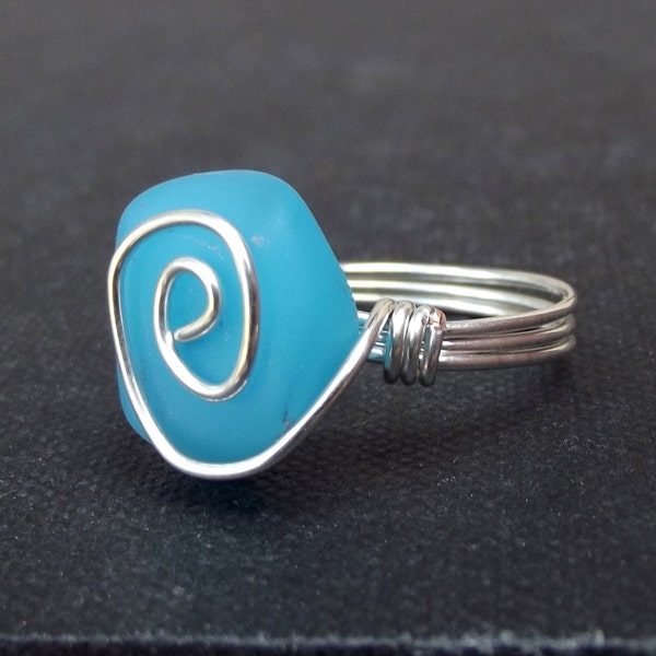 Opaque Ocean Blue Ring, Sky Blue Opal Sea Glass Ring, Fine Silver Swirl Spiral Wire Wrapped Beach Jewelry, Size 7