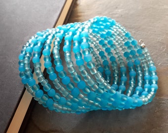 Shades of Ocean Blue 8 Wrap Bracelet:  Wide Cuff, Turquoise Blue Cultured Sea Glass Bracelet, Memory Wire