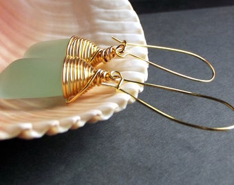 Freeform Aqua Earrings:  24K Gold Wire Wrapped Mint Green Drop Dangle Long Earrings, Summer Beach Jewelry