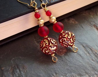 Red Baroque Earrings: Art Nouveau Earrings, Ruby Red and Gold Dangle Earrings, Christmas Jewelry
