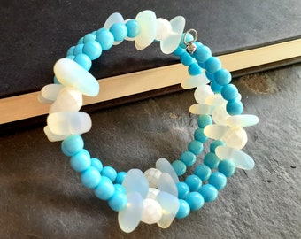 Blue Milk Glass Bracelet: Turquoise Blue Wrap Bracelet, White Opal Cultured Sea Glass Beaded Cuff, Memory Wire