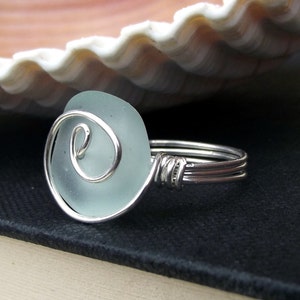 Pale Aqua Frosted Glass Ring:  Fine Silver Swirl Spiral Wire Wrapped Light Seafoam Mint Green Sea Glass Beach Jewelry, Size 6