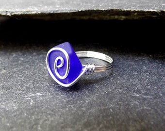 Blue Sea Glass Ring:  Cobalt Blue Ring, Wire Wrapped Ring, Beach Jewelry, Sterling Silver, Silver Plated, Gold Plated