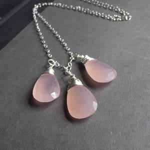 Pink Chalcedony Necklace, Sterling Silver, 32 inch, Extra Long Chain Necklace, Rose Pink Drops Necklace