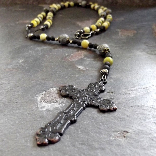 Yellow and Gray Rosary Necklace: Rustic Beaded Cross Necklace, Illuminating and Ultimate Gray Unisex Jewelry, Spring Trend, Black Stone