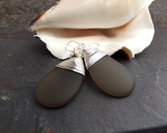 Gray Sea Glass Earrings: Smoky Grey Statement Earrings, Ultimate Gray Jewelry, Silver Wire Wrapped Beach Glass, Earthy Neutral