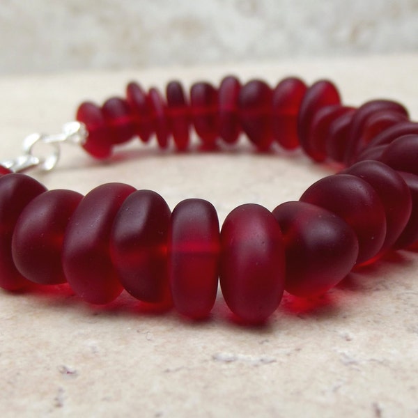 Red Velvet Bracelet:  Cherry Red Sea Glass Beaded Pebble Bracelet, Christmas Beach Wedding Jewelry