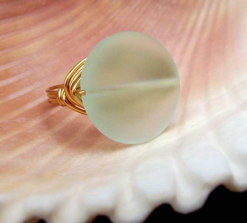 Summer Statement Aqua Sea Glass Statement Ring: 24K Gold Wire Wrapped Ring Size 7 Mint Green Large Stone Beach Jewelry