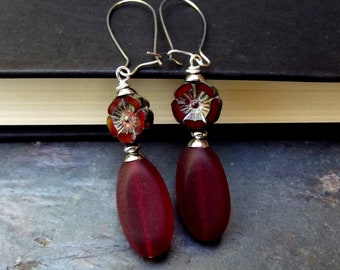 Tudor Rose Inspired Earrings: Dark Cherry Red Sea Glass Earrings, Gothic Botanical Victorian Christmas Jewelry, Stainless Steel Goth Vampire