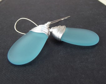 Ocean Blue Sea Glass Earrings:  Fine Silver Wire Wrapped Turquoise Sky Blue Beach Wedding Jewelry, Something Blue Bridal Earrings