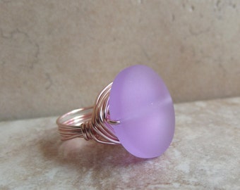 Purple Sea Glass Ring:  Rose Gold Wire Wrapped Wide Band Statement Ring, Romantic Lavender Beach Wedding Jewelry, Size 7