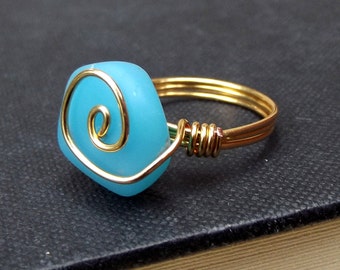 Blue Opal Seaglass Ring:  24K Gold Plated Swirl Spiral Wire Wrapped Beach Jewelry, Size 7-1/2