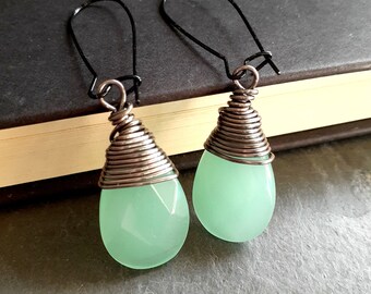 Mint Green Chalcedony Earrings:  Oxidized Sterling Silver Wire Wrapped Earrings, Sea Foam Gemstone Jewelry, Teardrop Dangle Earrings