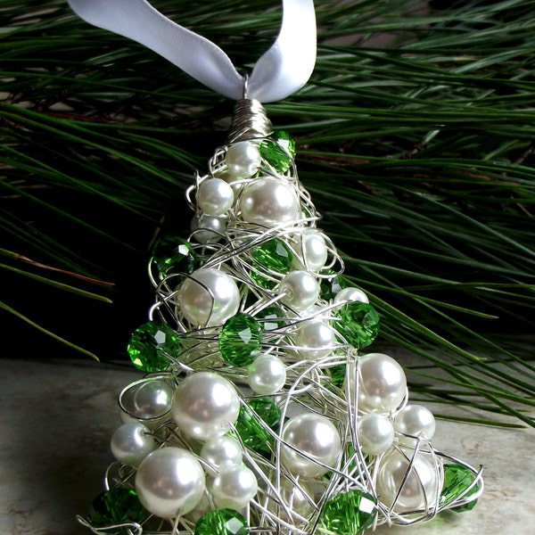Christmas in July, Green Christmas Tree Ornament: Silver Wire Sculpture Holiday Decor, Package Topper, Pearl Sun Catcher, CIJ Sale