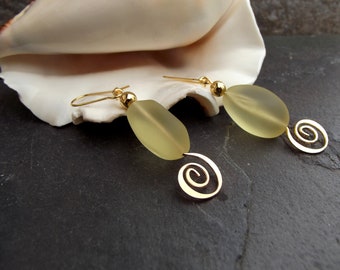 Yellow Drop Earrings:  Lemon Yellow Sea Glass Earrings, Gold Spiral Dangle Earrings, Illuminating Jewelry, Spring Trend, Beach Glass Pebble