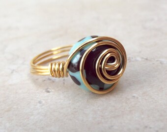 Mint Green Swirl Ring:  Gold Swirl Spiral Wire Wrapped Jewelry, Chocolate Brown Lampwork Glass Ring, Size 6