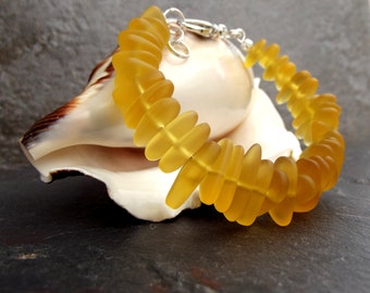 Yellow Sea Glass Bracelet: Golden Amber Beach Glass Pebble Bracelet, Illuminating Jewelry, Spring Trends, Honey Yellow