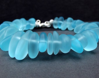 Ocean Blue Bracelet: Deep Turquoise Blue Sea Glass Pebble Chunky Bracelet, Spring and Summer Beach Jewelry, Something Blue Wedding