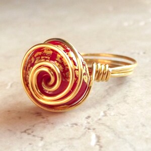 Red & Gold Ring:  24K Gold Leaf Spiral Wire Wrapped Jewelry, Cherry Red Glass Ring