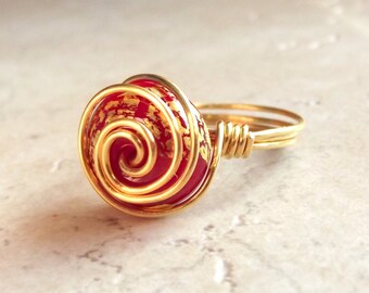 Red & Gold Ring:  24K Gold Leaf Spiral Wire Wrapped Jewelry, Cherry Red Glass Ring