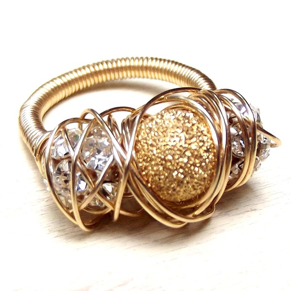 Gold Sparkle Ring:  Wire Wrapped Cocktail Jewelry, Elegant Rhinestone Statement Piece