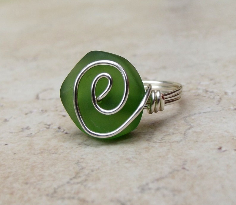 Bottle Green Sea Glass Ring Size 5 Silver Swirl Wire Wrapped Emerald Beach Jewelry
