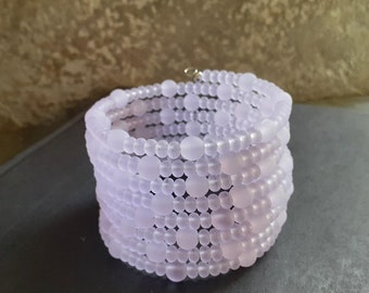 Lavender 8 Wrap Bracelet:  Purple Wide Cuff, Memory Wire, Lilac Cultured Sea Glass Beaded Bracelet