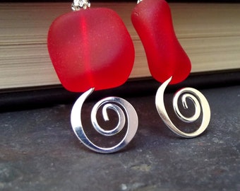 Modern Red Earrings: Bright Red Sea Glass Earrings, Hammered Silver Swirl Earrings, Christmas Jewelry, Contemporary Holiday