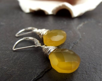 Yellow Chalcedony Earrings:  Golden Honey Chalcedony Drop Earrings, Sterling Silver Leverback Earrings, Illuminating Spring Trends, Gemstone