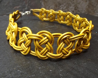 Gold Leather Necklace:  Yellow Wide Choker, Celtic Knot, Metallic Beach Jewelry, Macrame Cord Necklace, Unisex Gender Neutral