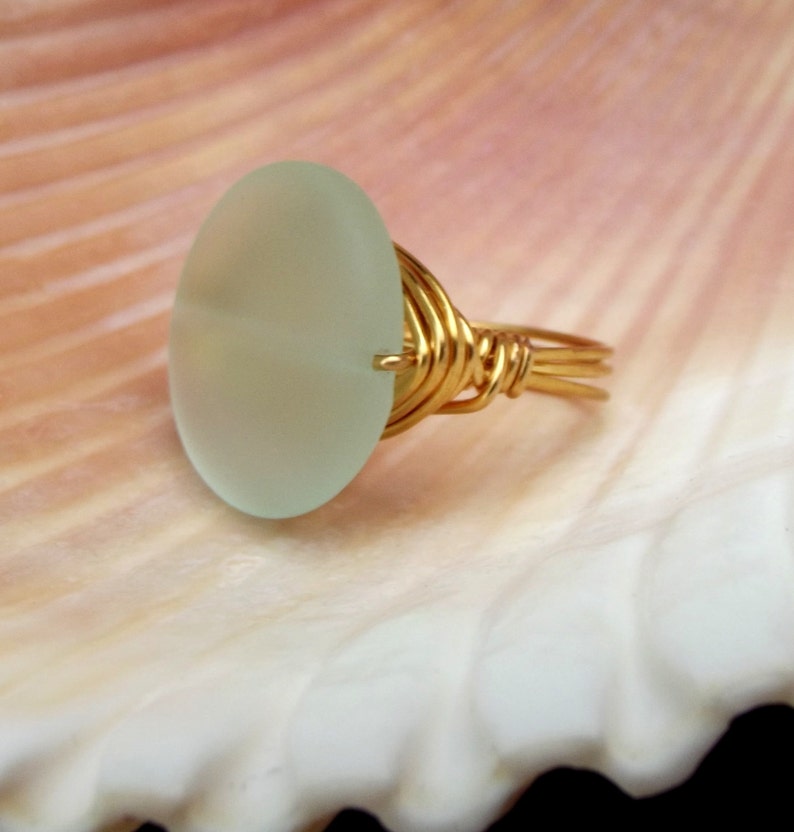 Summer Statement Aqua Sea Glass Statement Ring: 24K Gold Wire Wrapped Ring Size 7 Mint Green Large Stone Beach Jewelry