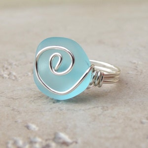 Ocean Blue Sea Glass Ring:  Silver Wire Wrapped Turquoise Blue Beach Jewelry, Size 7