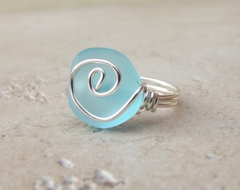 Ocean Blue Sea Glass Ring:  Silver Wire Wrapped Turquoise Blue Beach Jewelry, Size 7