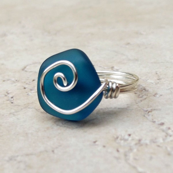 Peacock Blue Sea Glass Ring:  Silver Swirl Wire Wrapped Beach Jewelry, Size 6, Teal Wedding