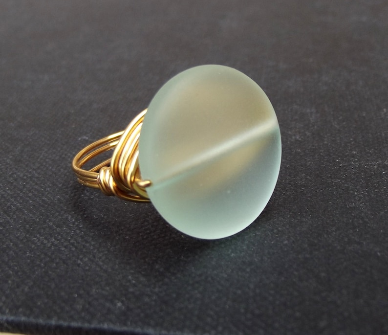 Summer Statement Aqua Sea Glass Statement Ring: 24K Gold Wire Wrapped Ring Size 7 Mint Green Large Stone Beach Jewelry