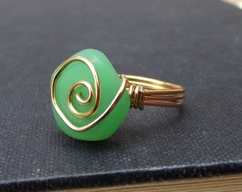 Spring Green Seaglass Ring:  24K Gold Swirl Spiral Wire Wrapped Seafoam Beach Jewelry, Size 7