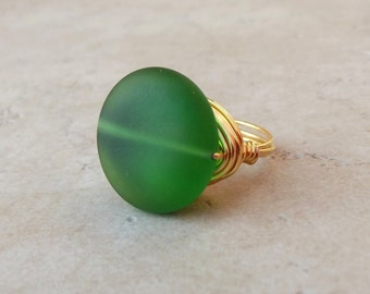 Dark Green Sea Glass Ring:  24K Gold Wire Wrapped Beach Jewelry, Emerald Cruise Resort Wear Accessory