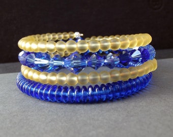 Blue and Yellow Wrap Bracelet:  Vibrant Cobalt Galaxy Blue and Gold Yellow Stacked Extra Wide Cuff, Arm Candy, Wrist Party