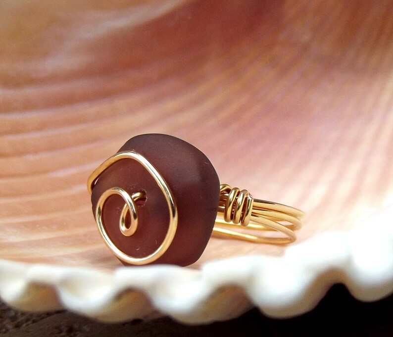 Purple Sea Glass Ring: 24K Gold Swirl Spiral Wire Wrapped Amethyst Plum Beach Jewelry, Size 7 image 3