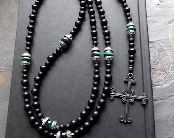 Medieval Rosary:  Green Tiger Eye and Black Agate Long Gemstone Men's Necklace, Renaissance Cross, Celtic Goth Unisex Gender Neutral Jewelry