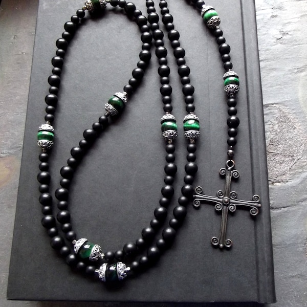 Medieval Rosary:  Green Tiger Eye and Black Agate Long Gemstone Men's Necklace, Renaissance Cross, Celtic Goth Unisex Gender Neutral Jewelry