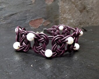 Purple Wrap Bracelet:  Leather and Pearl Bracelet, Plum and White, Macrame Cord Wide Cuff, Boho Natural Beach Jewelry