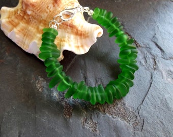 Dark Green Sea Glass Bracelet: Shamrock Green Pebble Bracelet, Christmas Jewelry, Beach Holiday Wedding