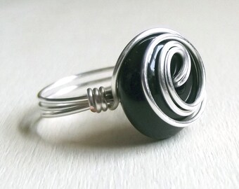 Black Onyx Ring:  Silver Wire Wrapped Jewelry, Large Stone Modern Swirl Statement, Size 7, Custom Size