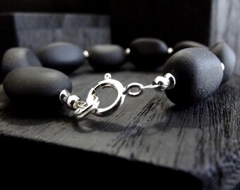 Black Stone Bracelet:  Jet Black Sea Glass Bracelet, Modern Beach Jewelry
