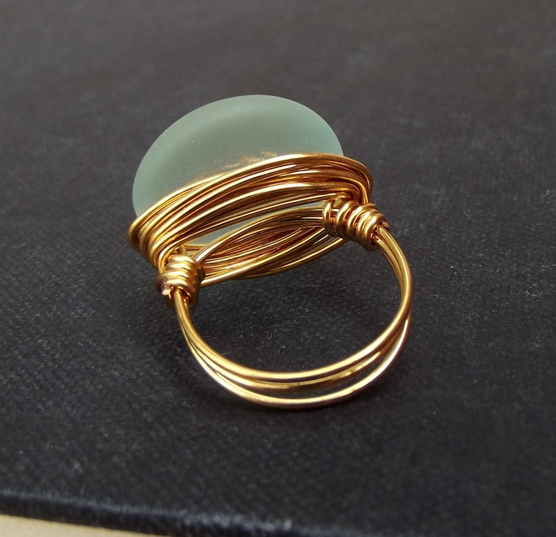 Summer Statement Aqua Sea Glass Statement Ring: 24K Gold Wire Wrapped Ring Size 7 Mint Green Large Stone Beach Jewelry